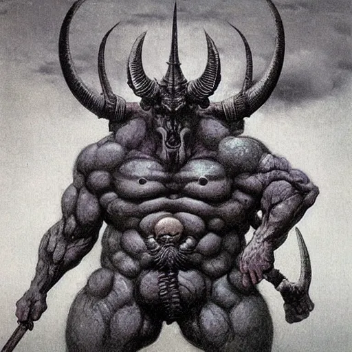 Image similar to raijin demon concept, horned, bulky body, beksinski