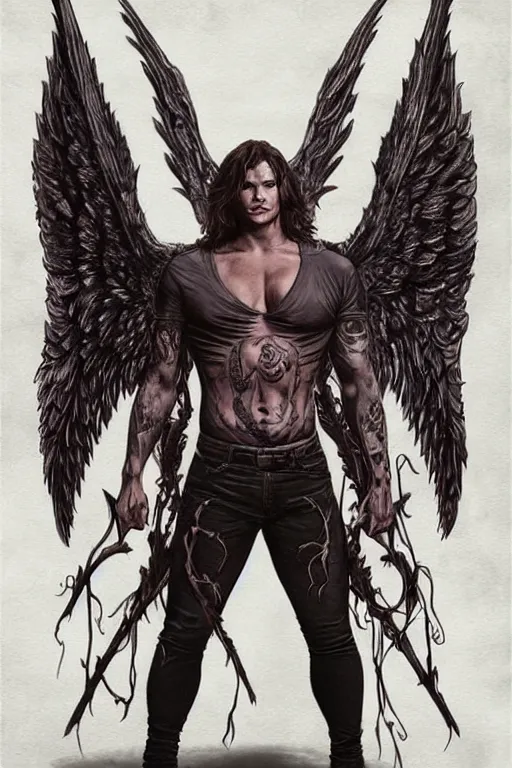 Image similar to Sam Winchester as a muscular angel with demon wings wide open, whole body tattooed with runes and satanic symbols, urban fantasy romance book cover, D&D!, fantasy style, sharp focus!, ultra detailed, art by Artgerm and Peter Andrew Jones, WLUP