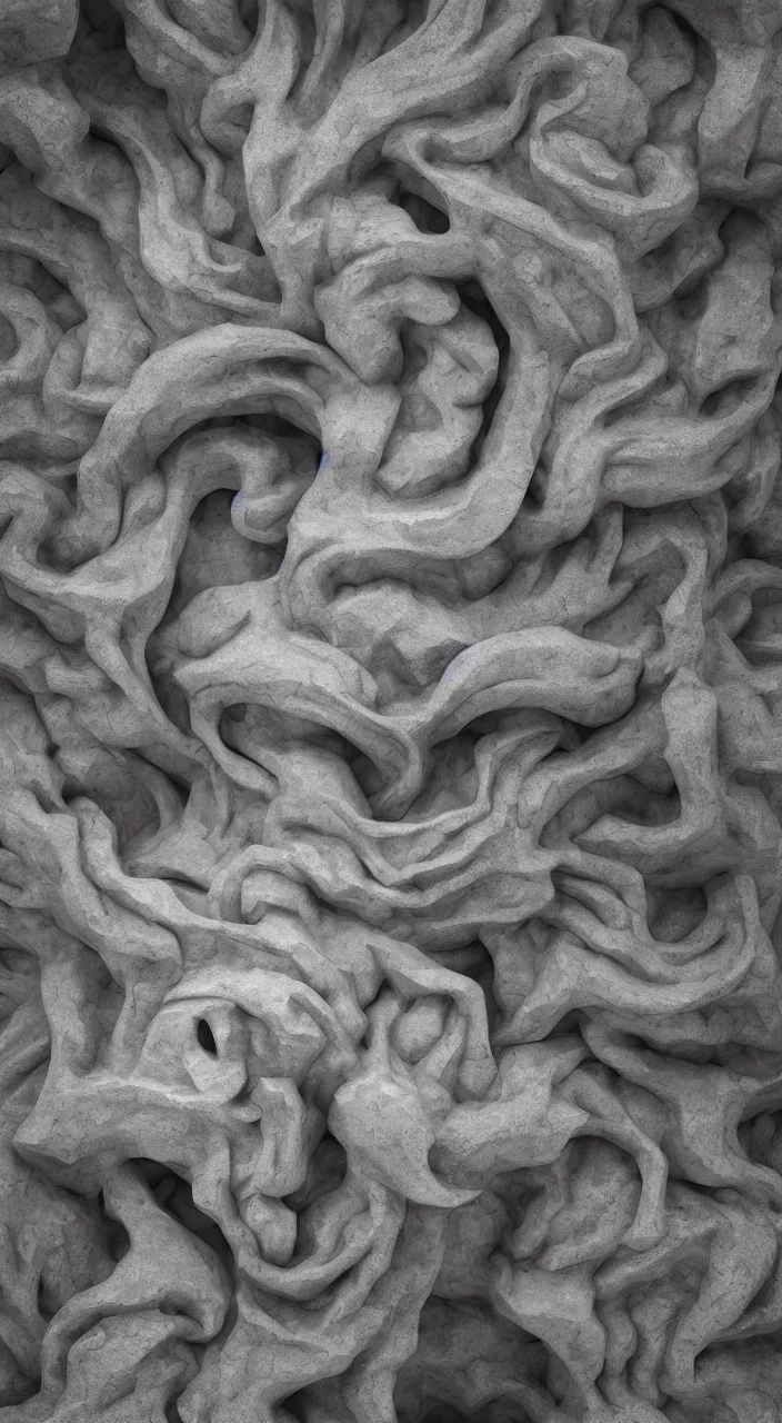 Image similar to a sculpture carved out of stone in the very organic elaborate shape of smoke and water, in a brutalist gallery space of concrete, global illumination, octane render, extreme detail, 8 k