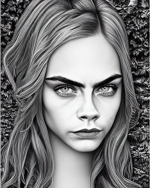 Image similar to highly detailed portrait of cara delevingne by Casey Weldon, 4k resolution, red, black and white color scheme