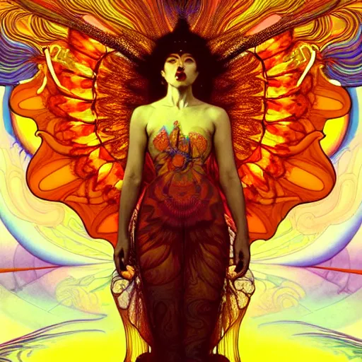 Image similar to psychedelic transcendent bodhisattva mind bending psychedelic wings of glossy liquid honey flowing like kaleidoscopic translucent amber, lsd feathers, honey wind, enlightenment, high contrast lighting, refracted sunset, highly detailed, concept art, art by collier, albert aublet, krenz cushart, artem demura, alphonse mucha