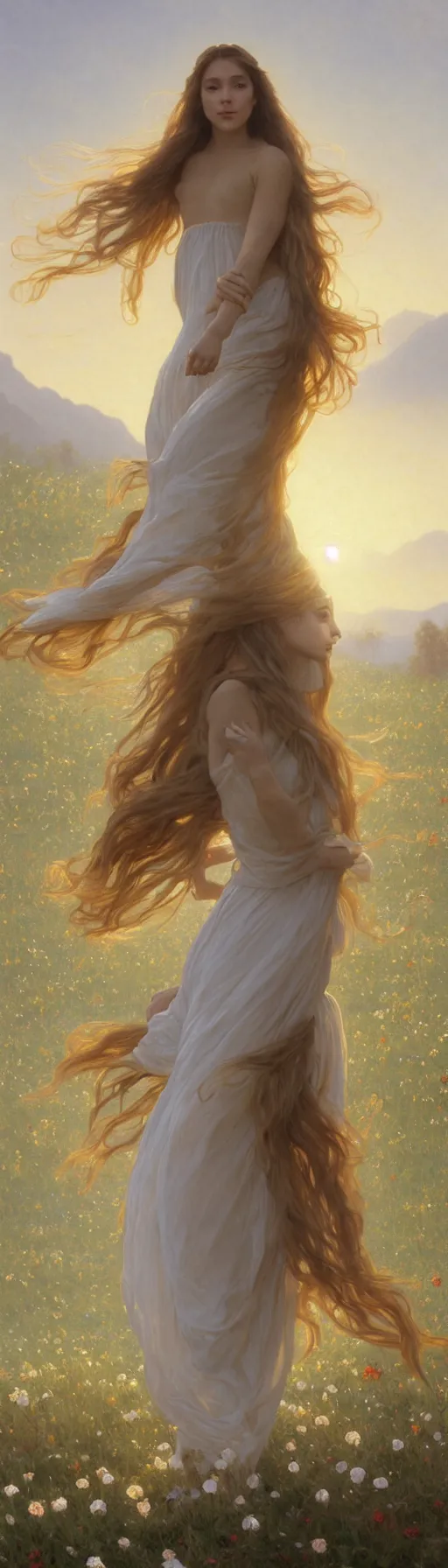 Prompt: oil painting portrait of a young woman with long flowing hair in a white dress, dancing through a field of flowers at sunset with mountains in the background, hazy, chiaroscuro, artstation, cinematic, golden hour, digital art painting by greg rutkowski, william - adolphe bouguereau, hazy atmosphere, flowers, cinematic lighting