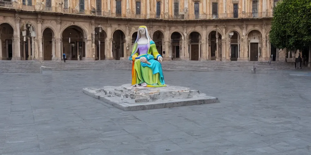 Image similar to A colorful marble sculpture of The Mona Lisa in the middle of an empty Italian piazza without people, midday, 4k photograph, sunny day, long shot