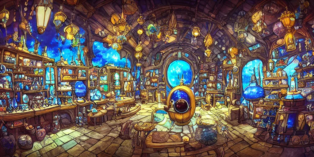 Image similar to inside a magical item shop, fantasy potion vendor interior, a black crystal ball with blue lightning, studio ghibli studio art style, wide angle, gothic interior