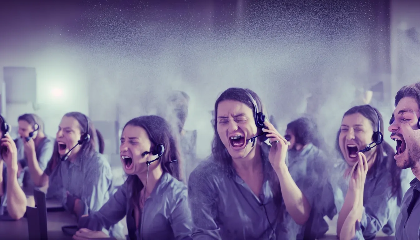 Image similar to hyper realistic photo of the interior of a call centre, a weathered young man, women, laughter and screaming face, feedback loop, burst of powders, spraying liquid, volumetric lighting, twisting vapour, bellowing dust, full colour, upscale, 8 k