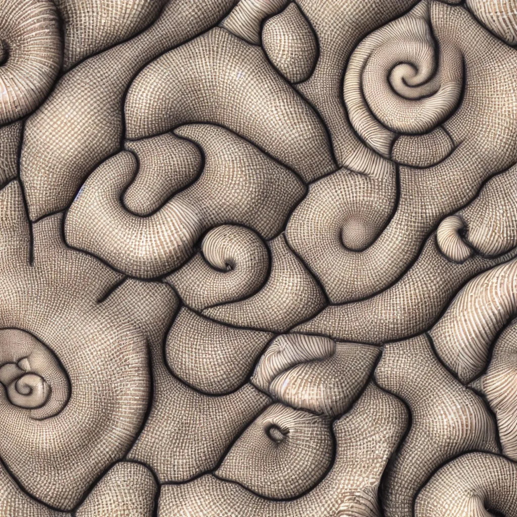 Prompt: geometric complex sea spiral shell designs by ernst haeckel, closeup, realistic cinema 4 d render, beach sand background, clear focus, very coherent, very detailed