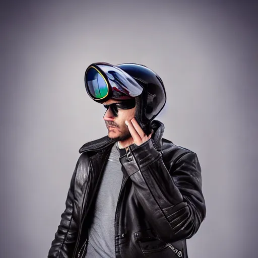 Image similar to A goose bird wearing leather aviator\'s hat, riding a motorbike, high speed effect, cinematic lighting, photo realistic image, 4K, super detailed, cinematic look, H 1024