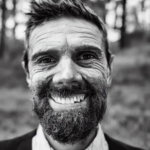 Image similar to a man in a weathered suit with a creepy smile looking straight at the camera ( black and white photo, greatly illustrated, photo realistic, high detailed photo, great quality photo, 4 k )