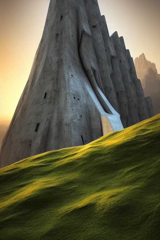 Image similar to sci - fi concrete brutalist architecture in the italian dolomites, zaha hadid, beksinski, photoreal, highly detailed, 8 k, hd, vray, artstation, trending on behance, cinematic matte painting, extreme detail photo quality, green moss, sunrays, sunset, featured on behance