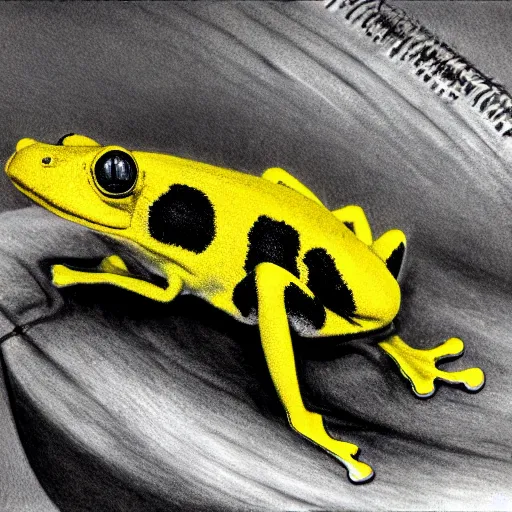 Prompt: small yellow dart frog, chilling on a leaf, in jungle, by giger, concept art for movie, biomechanical, rule of thirds, extreme detail, 4 k, detailed drawing, trending artstation, realistic lighting, sharp focus, backlit