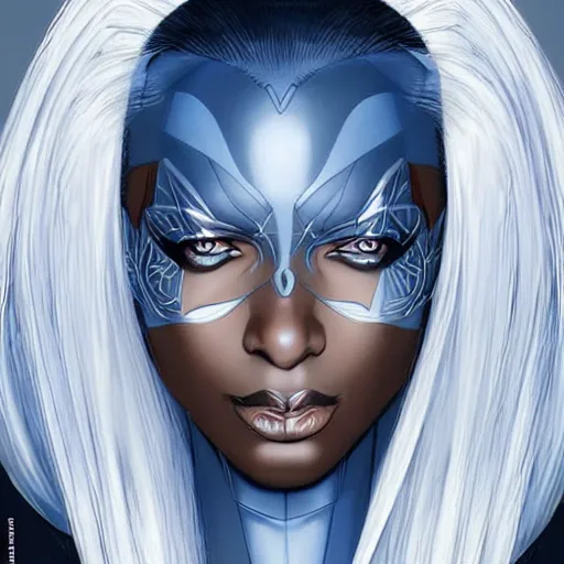 Prompt: Portrait of Ororo Munroe, a beautiful black woman in her 30s, with white hair and piercing blue eyes, symmetrical face, detailed face, delicate features, graphic novel, art by Ardian Syaf,