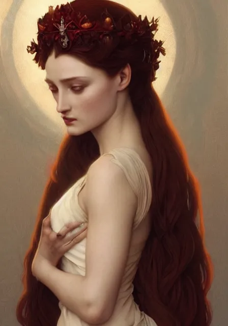 Image similar to sansa fire queen, intricate, elegant, highly detailed, digital painting, artstation, concept art, smooth, sharp focus, illustration, art by artgerm and greg rutkowski and alphonse mucha and willia m - adolphe bouguereau