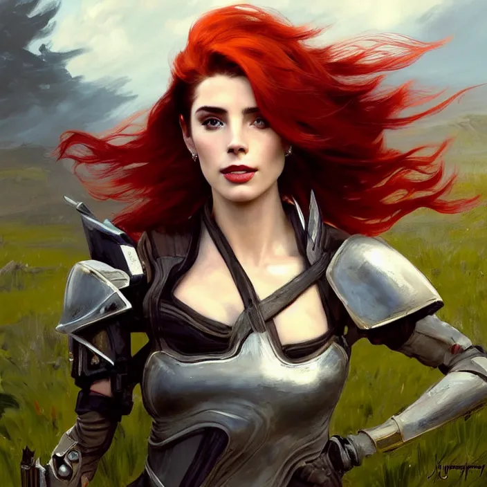 Image similar to portrait of a combination of Ashley Greene, Adriana Dxim, Grace Kelly and Lily Collins with red hair wearing Warframe armor, countryside, calm, fantasy character portrait, dynamic pose, above view, sunny day, thunder clouds in the sky, artwork by Jeremy Lipkin and Giuseppe Dangelico Pino and Michael Garmash and Rob Rey and Greg Manchess and Huang Guangjian and Makoto Shinkai, very coherent asymmetrical artwork, sharp edges, perfect face, simple form, 100mm