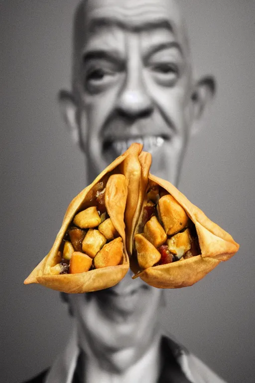 Prompt: 📷 j. k. simmons the samosa, made of food, head portrait, dynamic lighting, 4 k