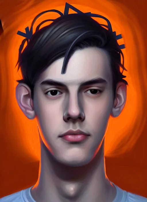 Image similar to portrait of teenage jughead jones wearing a light grey crown, symmetrical crown, hamburger background, eyes closed, crown, black hair, orange, intricate, elegant, glowing lights, warm lighting, highly detailed, digital painting, artstation, concept art, smooth, sharp focus, illustration, art by wlop, mars ravelo and greg rutkowski