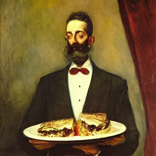 Prompt: man in suit eating a beautiful birthday cake by el greco, remedios vary, salvador dali, carl gustav carus, john atkinson grimshaw. high detail, great lighting, 8 k resolution, masterpiece, concept art, illustration