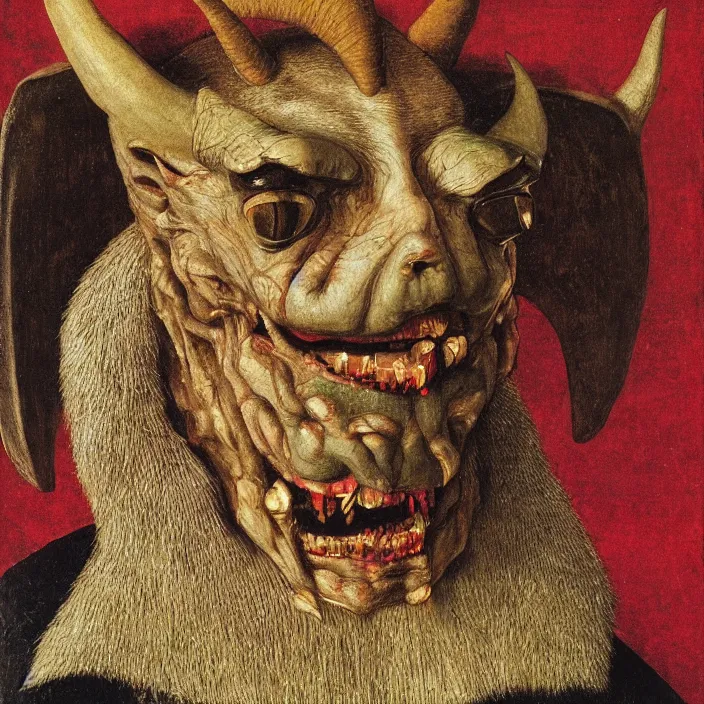 Image similar to close up portrait of an overdressed mutant monster creature with snout, horns, insect wings, unibrow, piercing eyes, toxic smile. jan van eyck