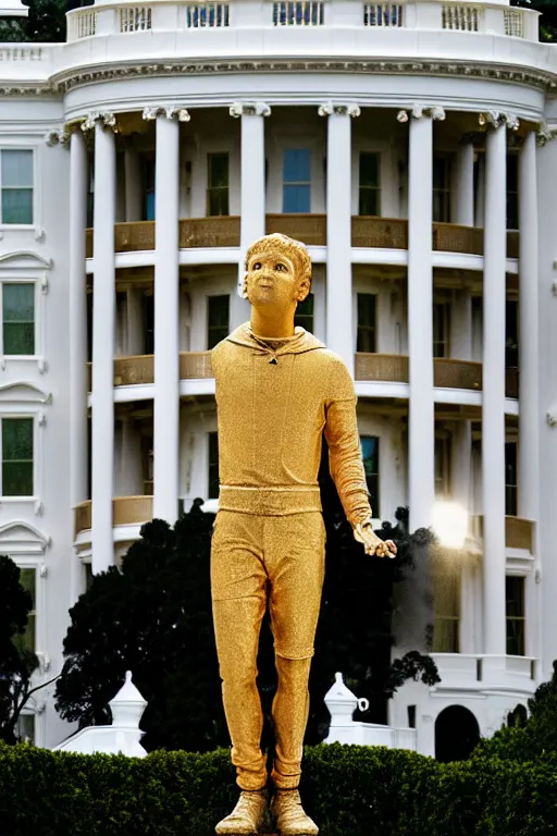 Prompt: A beautiful gold stone statue of Mark Zuckerberg in front of White House, photo by Steve McCurry, heroic pose, detailed, smooth, smiling, professional photographer