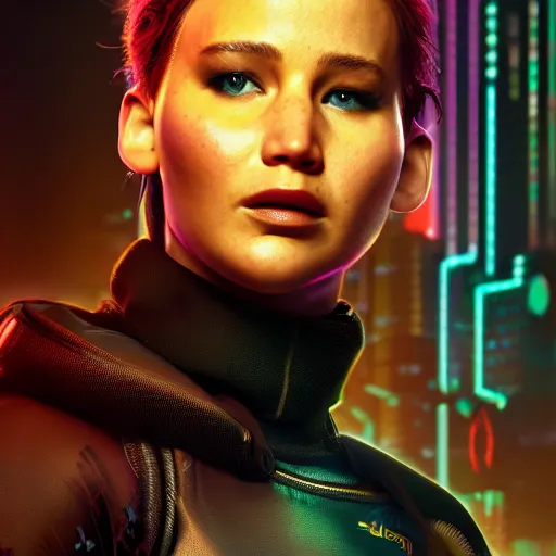 Image similar to jennifer lawrence portrait, cyberpunk 2 0 7 7, cyberpunk judy alvarez, photorealistic, ultra detailed, neon, octane, bokeh, cinematic lighting, cyber, cyberpunk city, studio quality, feature, scars, cyberface, 8 k