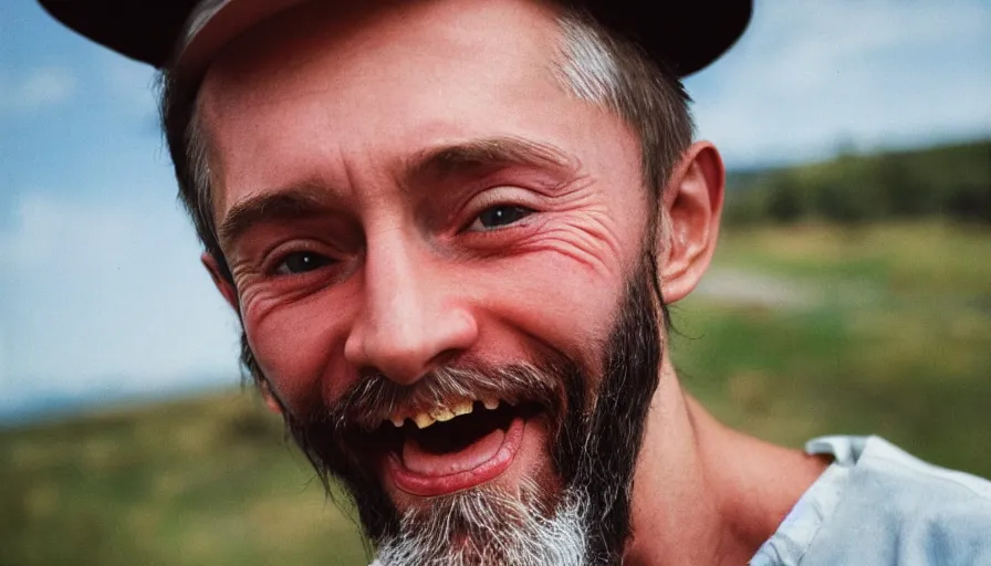 Image similar to far view, extremely skinny malnourished vladimir putin with long beard, wearing dirty overalls, dirty greasy face, grin, portrait, close up, kodak gold 2 0 0, 5 0 mm,