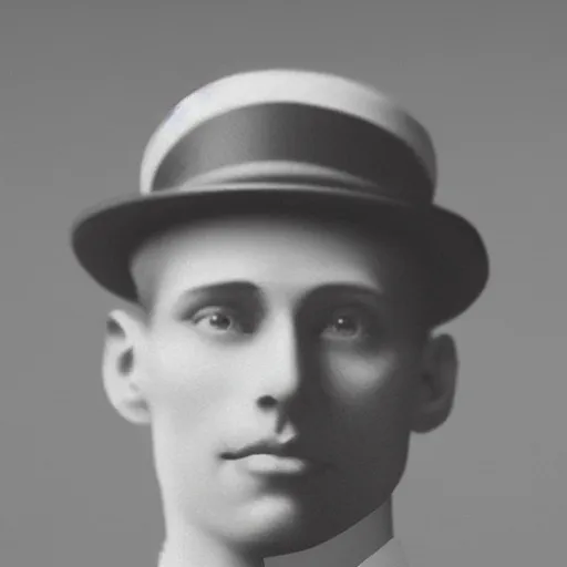 Image similar to A photograph portrait of Jerma985 wearing a pork pie hat in the early 1920s, taken in the early 1920s, grainy, taken on a early 1900s Kodak Camera, realistic, hyperrealistic, very realistic, highly detailed, very detailed, extremely detailed, detailed, digital art, trending on artstation