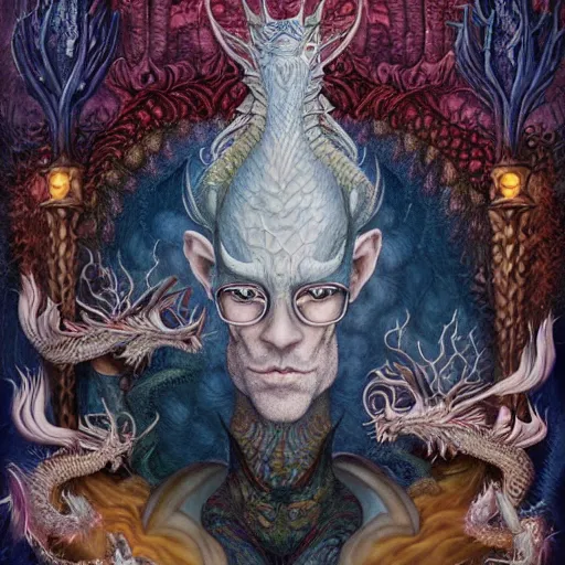 Image similar to portrait of surreal dragon king, artwork by Daniel Merriam,