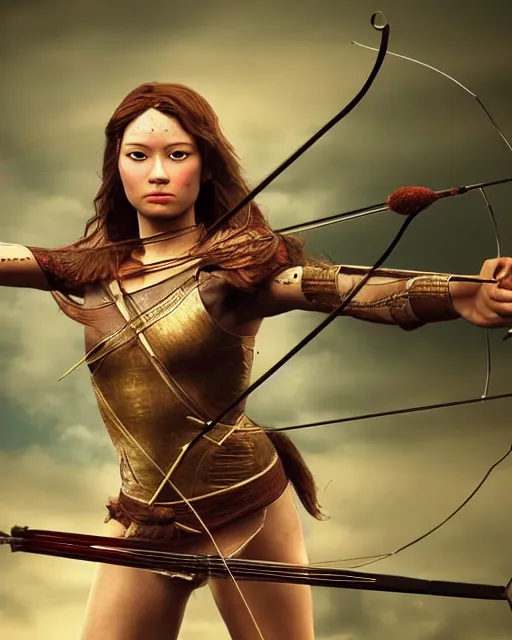 Image similar to very very realistic, photo of world, full body, women with a bow and arrow, female archer, warrior, realistic face