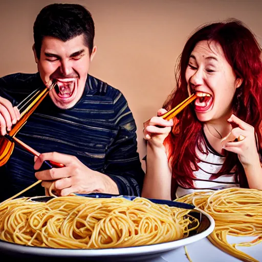 Prompt: laughing drunk people eating spaghetti and playing violins. highly detailed flash photography. fisheye lens