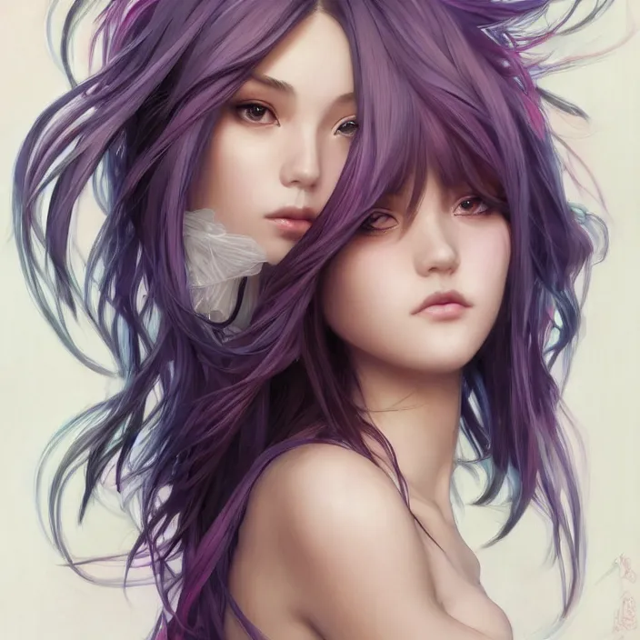 Image similar to portrait of beautiful symmetrical anime girl, rainbow hair, attractive, casual, modern, victoria's secret, highly detailed, digital painting, artstation, concept art, smooth, sharp focus, illustration, art by artgerm, greg rutkowski and alphonse mucha, 8 k,