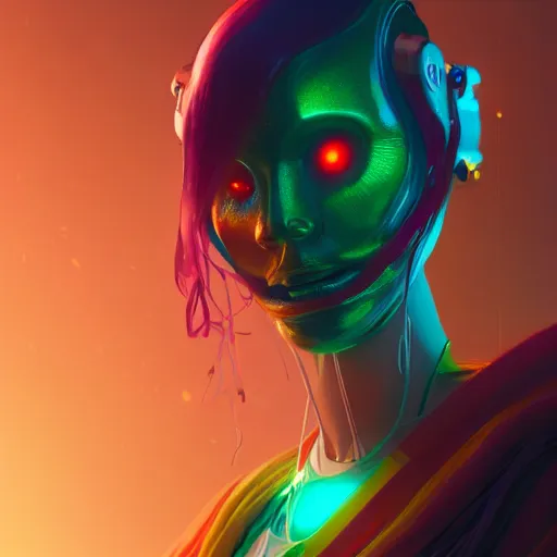 Prompt: colorful and festive mechanical miki removing her human mask revealing wires futuristic, y 2 k aesthetic, dramatic lighting, illustration by greg rutkowski, 4 k, digital art, concept art, ue render, trending on artstation