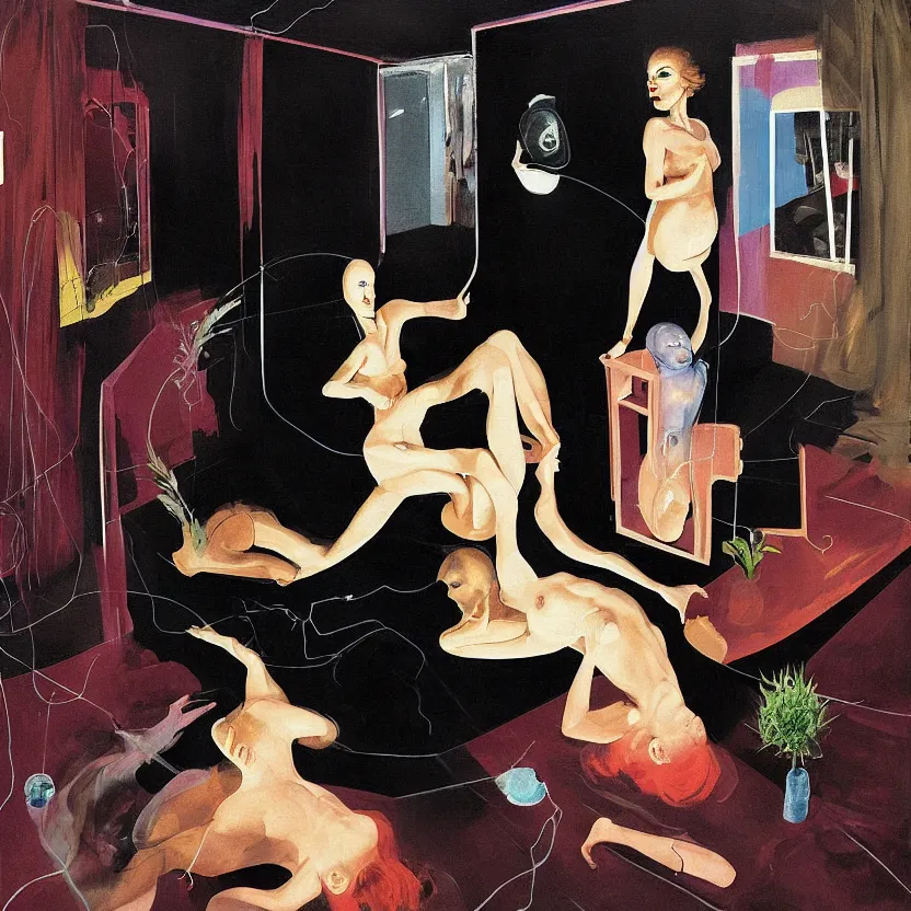 Image similar to One man and one woman attached by love in a living room of a house, floating dark energy surrounds the middle of the room. There is one living room plant to the side of the room, surrounded by a background of dark cyber mystic alchemical transmutation heavenless realm, cover artwork by francis bacon and Jenny seville, midnight hour, part by adrian ghenie, part by jeffrey smith, part by josan gonzales, part by norman rockwell, part by phil hale, part by kim dorland, palette knife texture, smudged paint, muted cold colors, artstation, highly detailed