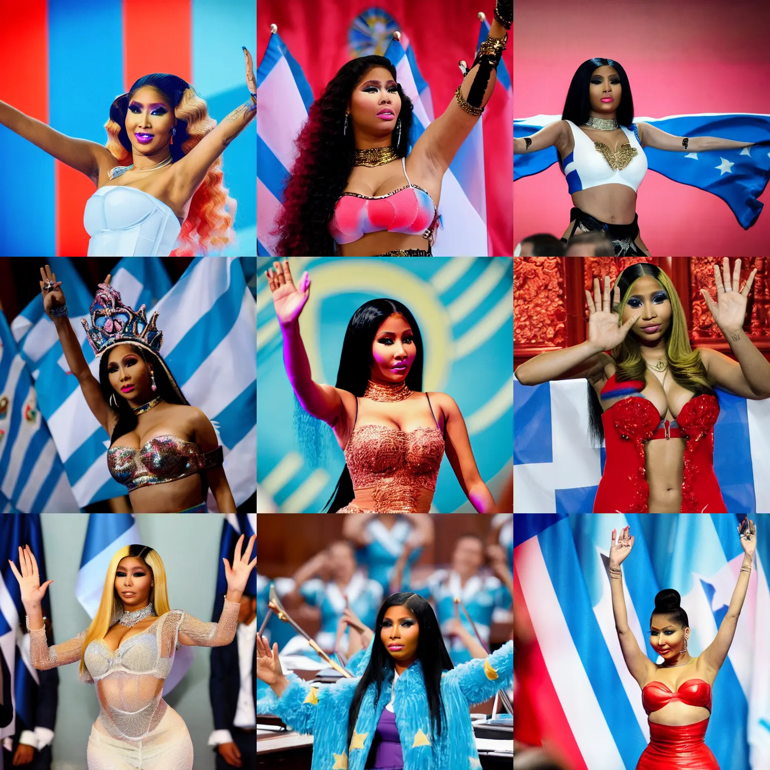 Prompt: detailed Nicki Minaj waving hands in the Argentine Congress, flags of Argentina behind, bokeh