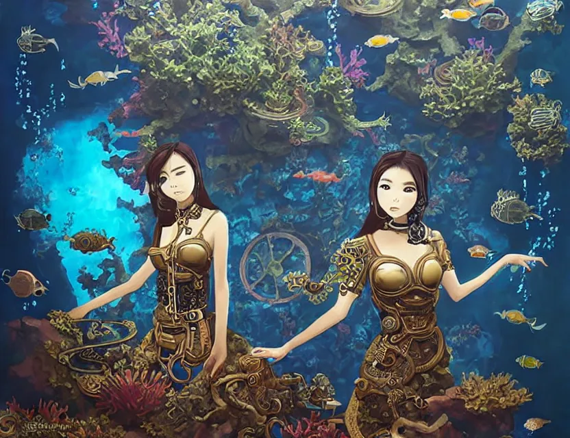 Prompt: southeast asian scifi alchemist in an aquascaped aquarium, wearing a lovely dress with steampunk details. this oil painting by the award - winning mangaka has an interesting color scheme and impeccable lighting.