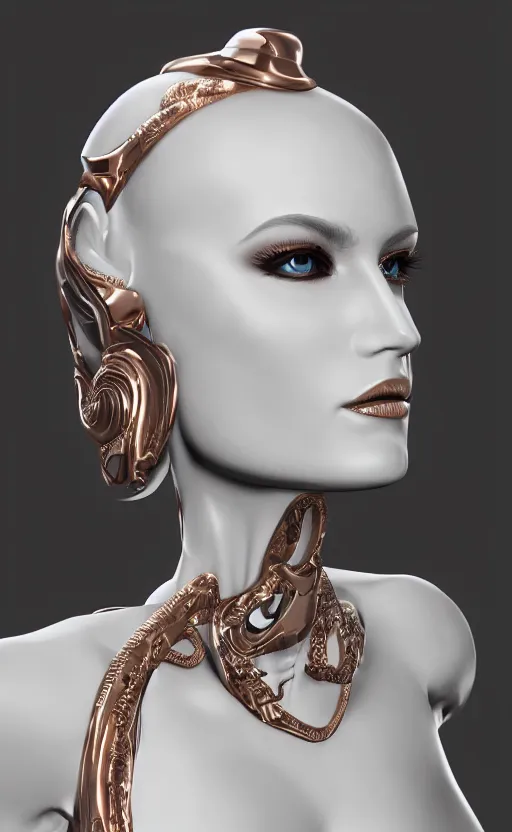 Prompt: white cyborg fashion shot, copper spiral decorations, white elegant baroque design, smooth heads, headshot half figure, photorealistic, 8k, hyper detailed, unreal engine, trending on artstation,