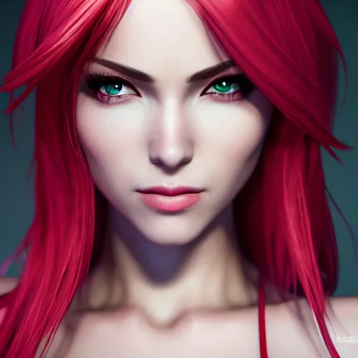 Image similar to Katarina from League of Legends, photorealistic studio portrait, studio lighting, unreal engine 5, hyperrealistic, dynamic lighting, white ambient background, realistic, highly detailed