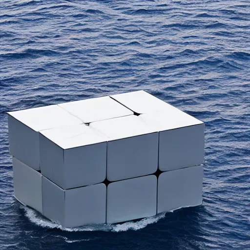 Prompt: a cube in the middle of the sea in the style of richard serra