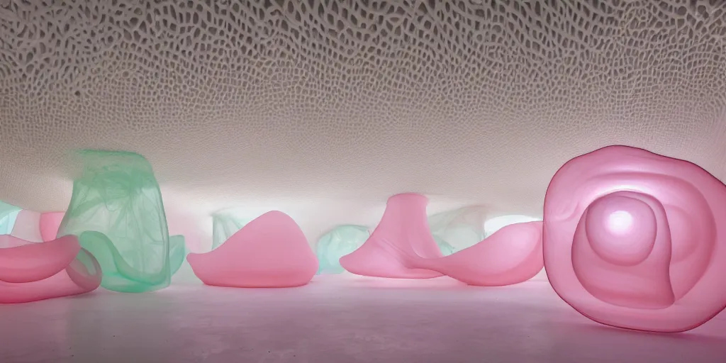 Image similar to soft biomorphic inflated translucent latex structures by ernesto neto, light - mint with light - pink color, 4 k, insanely quality, highly detailed,