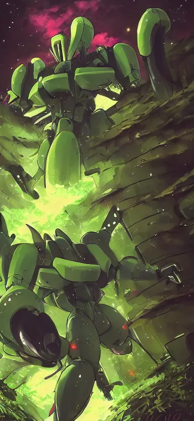 Image similar to giant plant mech, forest, key art, aesthetic, anime, shigeto koyama, hiroyuki imaishi