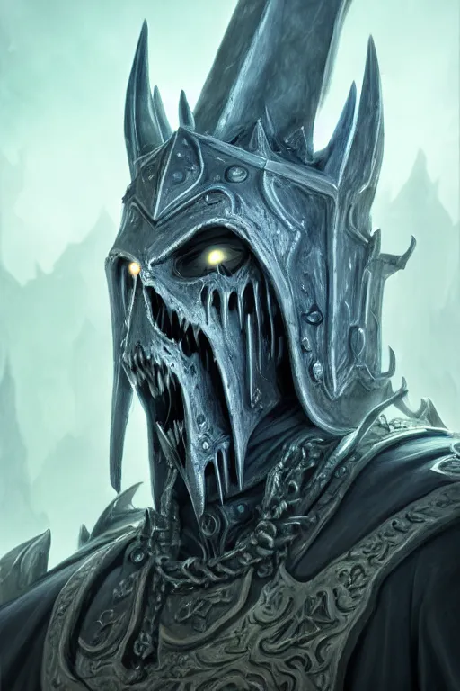Image similar to an undead lich king, wide angle, super highly detailed, professional digital painting, artstation, concept art, smooth, sharp focus, no blur, no dof, extreme illustration, Unreal Engine 5, Photorealism, HD quality, 8k resolution, cinema 4d, 3D, beautiful, cinematic, art by artgerm and greg rutkowski and alphonse mucha and loish and WLOP