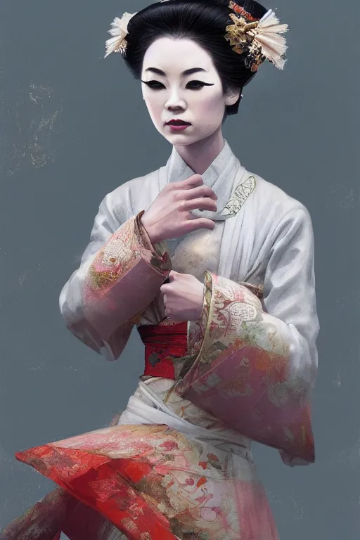 Image similar to geisha prima ballerina, intricate, portrait, elegant, volumetric lighting, digital painting, highly detailed, artstation, sharp focus, illustration, concept art, ruan jia, steve mccurry