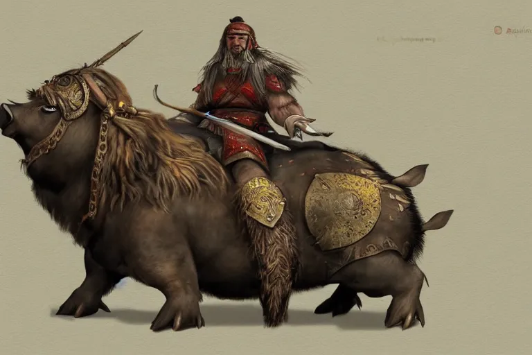 Prompt: a mongolian warrior riding a boar, fantasy concept art