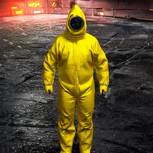 Image similar to hazmat suit wrestlemania, hyper realism, cinematic, volumetric lighting, epic composition, high detail, octane render, unreal engine, 8 k, concept art, 3 d render, datamosh, ray tracing, apocalyptic, intricate complexity, extremely detailed, very sharp,