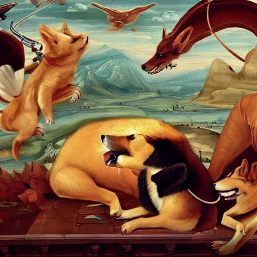 Prompt: a renaissance painting of a shiba inu and dragon hybrid, hd, artstation, 4 k wallpaper