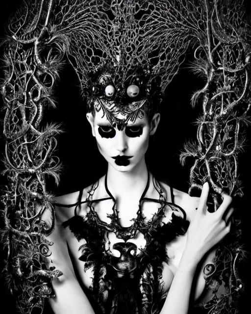 Image similar to surreal dark poetic black and white photo portrait of complex bio-mechanical beautiful young silver female vegetal-cyborg with a fur metal fine lace face, a very long neck and a fine metal floral foliage super big gothic lace collar and crown by Vivienne Westwood:: smoke, high fashion, haute couture, rococo, avant-garde, silver filigree details, anatomical, facial muscles, cable wires, microchip, elegant, dreamy, foggy atmosphere, hyper realistic, 150 mm lens, soft rim light, octane render, unreal engine, picture was taken in 1910 by Man Ray, volumetric lighting, dramatic light,8k,