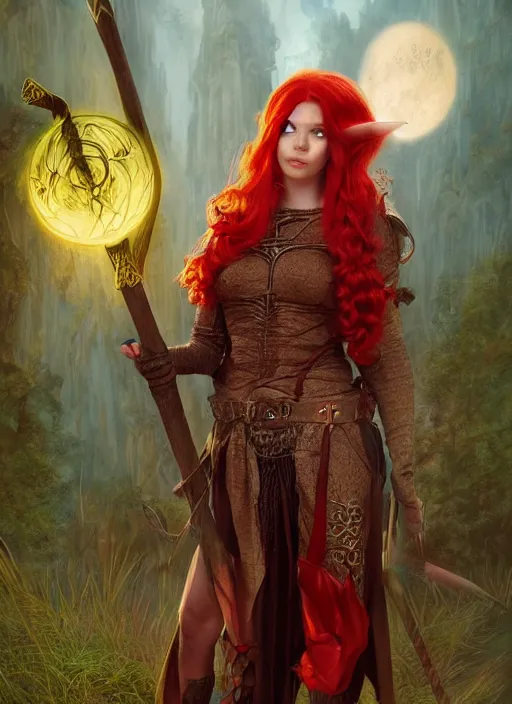 Image similar to beautiful elf witch red hair, holding a magic staff, d & d fantasy character, detailed matte painting, studio lighting, octane render, larry elmore michael whelan