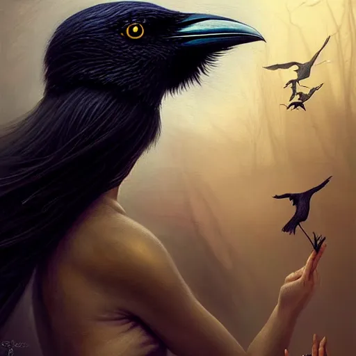 Image similar to goddess of crows, unusual beauty, emotionally evoking symbolic metaphors, head in focus, fantasy, ornamental, intricate, elegant, sensual, highly detailed digital painting, artstation, concept art, painterly, golden ratio, sharp focus, illustration, art by John Collier and Krenz Cushart and Artem Demura and and Greg Rutkowski and Alphonse Mucha and Albert Aublet