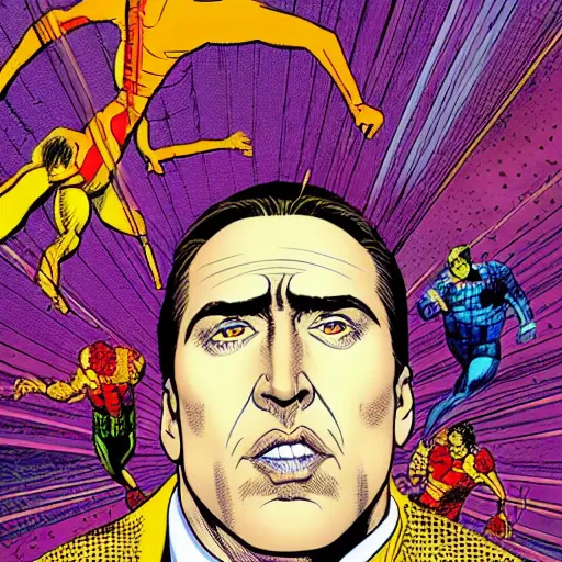 Image similar to dynamic macro head portrait of beautifu l nicholas cage super hero in white sequined jacket by john romita sr and cory walker and ryan ottley and jack kirby and barry windsor - smith, comic, illustration, photo real