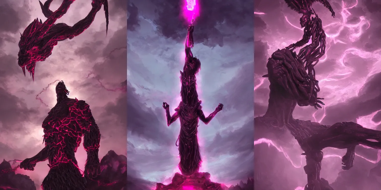Prompt: Giant demonic statue. Howling. Enchained, chains, restrained. Bloom, volumetric lighting, magenta energy flux. Fantasy, digital painting, HD, 4k, detailed.