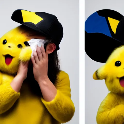 Prompt: portrait sneezing mid - sneeze detective sneezing pikachu mid - sneeze wiping face with rag at a photoshoot studio lighting