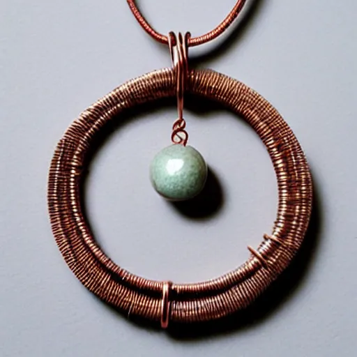 Image similar to a beautiful circular pendant made from sand and dirt, that is bound together by copper wire